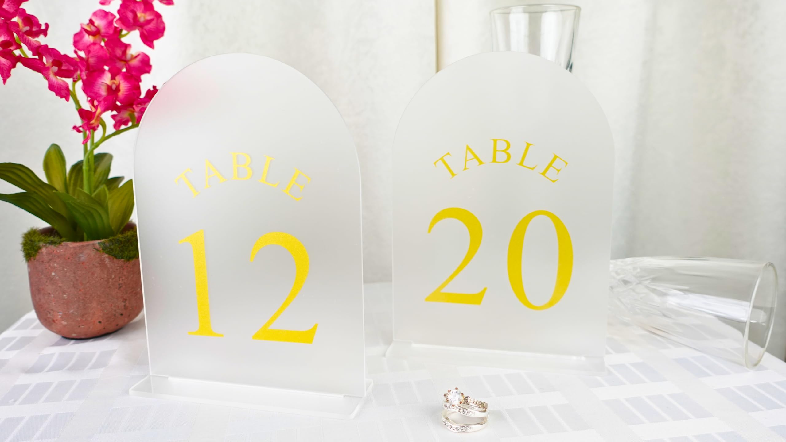 Exclusive Housewares, Frosted Arch Wedding Table Numbers with Stands 1-20, Frosted Gold Font 5x7 Acrylic Signs and Holders, Perfect for Wedding Reception, Anniversary, Party, Decoration, Event