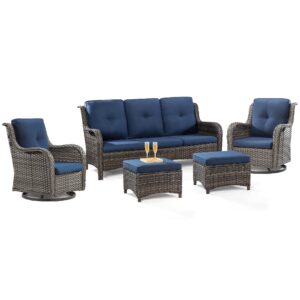 meetleisure 5 pieces outdoor furniture patio furniture set wicker outdoor sofa set with swivel rocking chairs,patio ottomans, cushions included(mixed grey/blue)