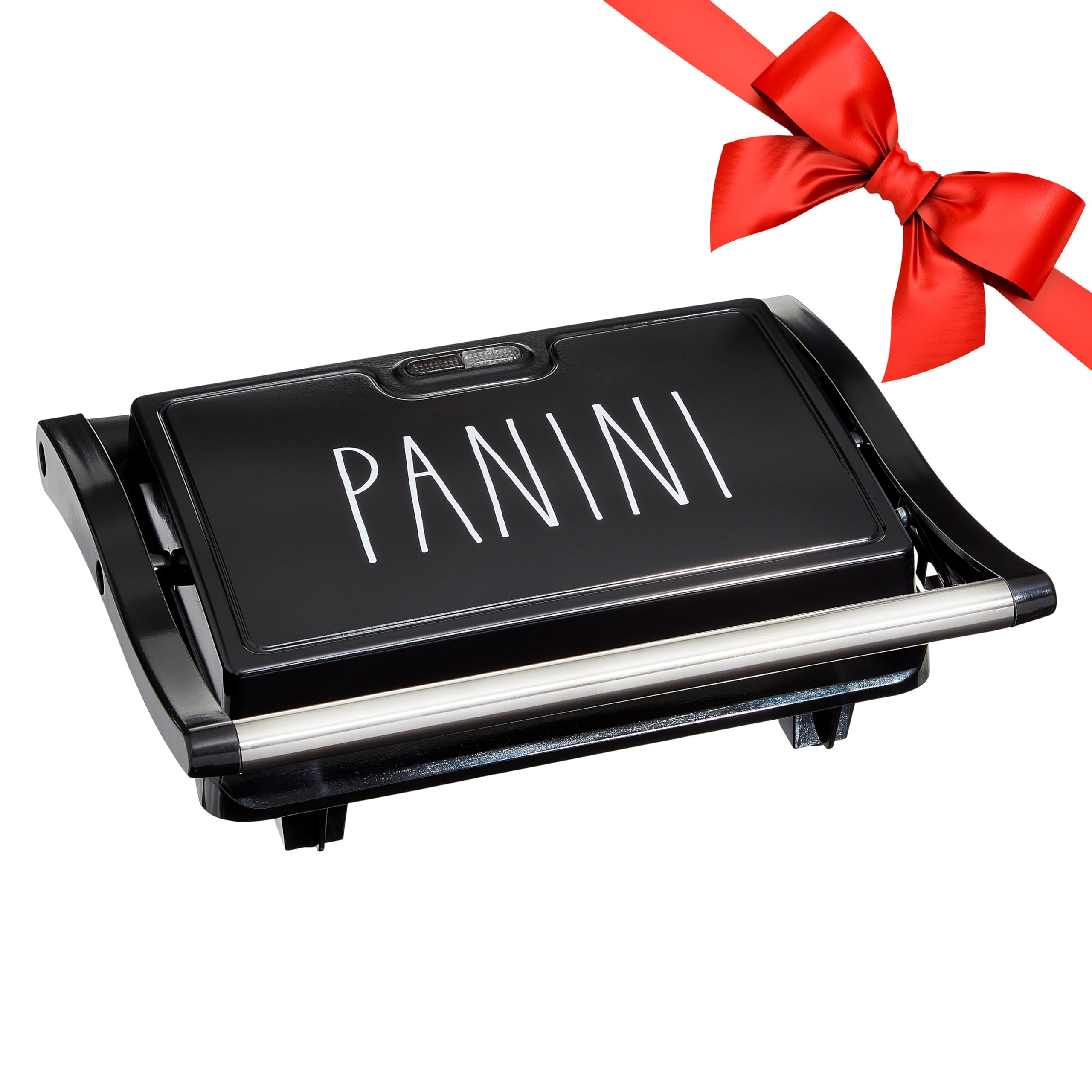 Rae Dunn Panini Maker - 750 Watt 2-Slice Press Grill with Indicator Lights | Opens 180 Degrees | Double Sided Heating | Non-stick Cooking | Cool Touch Handle | Easy to Clean, Black