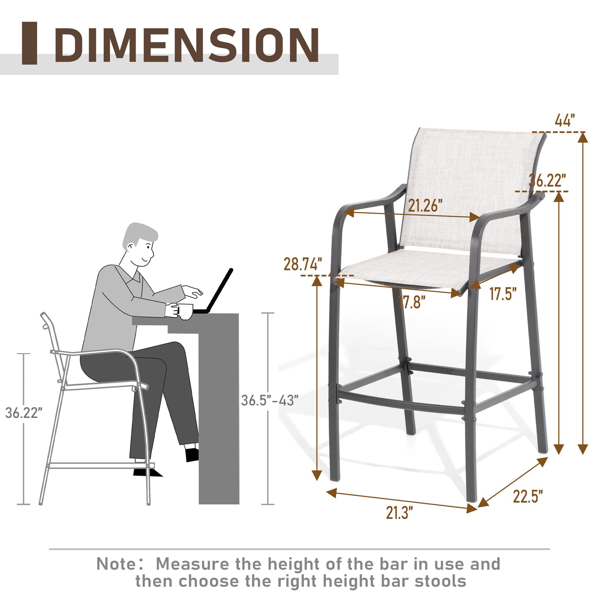 VredHom Outdoor Metal Bar Stools, Patio Bar Stools Set of 4 Counter Height Chairs Steel Bar Chairs Lightweight Patio Furniture with Textilene, Armrest and Footrest, Light Grey