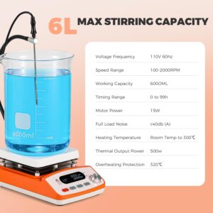 Bonvoisin Magnetic Stirrer Hot Plate Lab Stirrers Mixer with LCD Panel, Temperature Probe, Support Stand, 3 Stir Bars and Retriever 100-2000RPM Max 6L Stirring Capacity 110V 500W