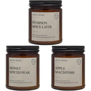 arctic wicks 3 pack fall candles honey spiced pear, pumpkin spice latte, apple macintosh | coconut beeswax candles | 9oz amber jar | farmhouse candles non-toxic clean burn 100% usda certified biobased