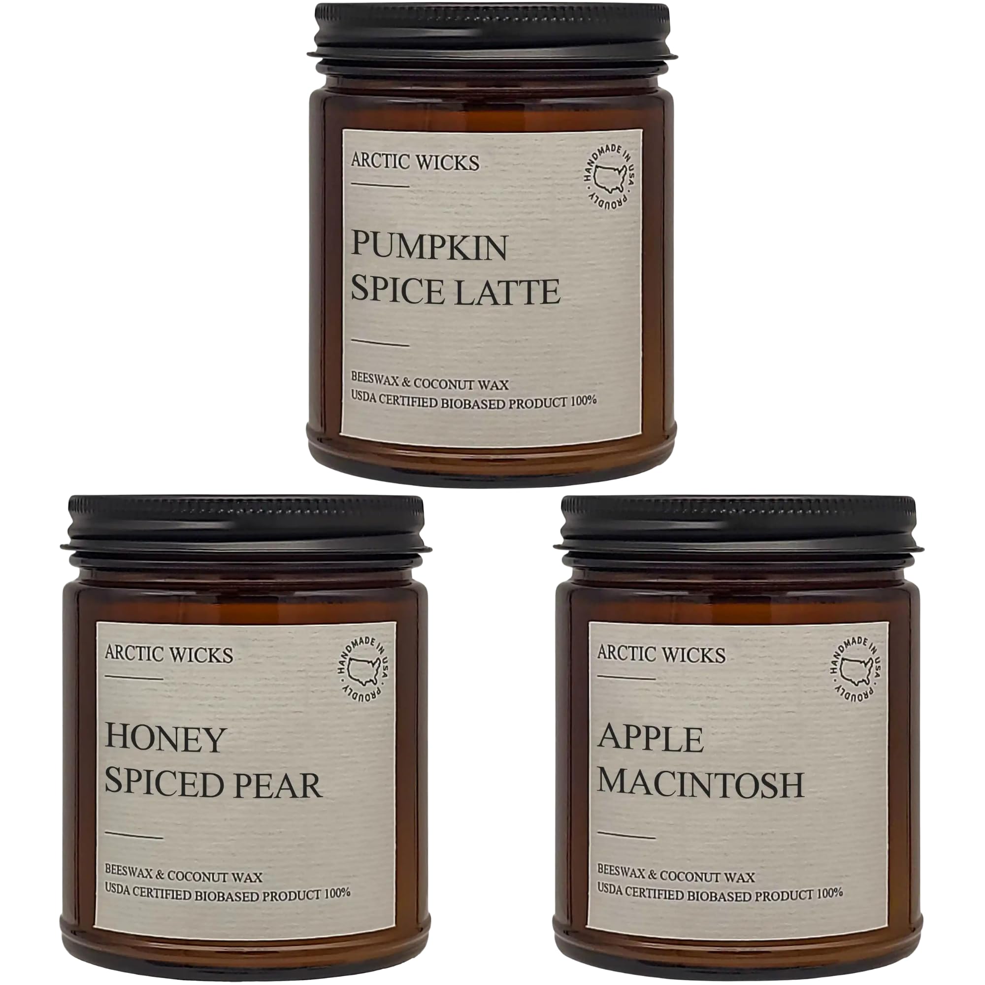 Arctic Wicks 3 Pack Fall Candles Honey Spiced Pear, Pumpkin Spice Latte, Apple Macintosh | Coconut Beeswax Candles | 9oz Amber Jar | Farmhouse Candles Non-Toxic Clean Burn 100% USDA Certified Biobased