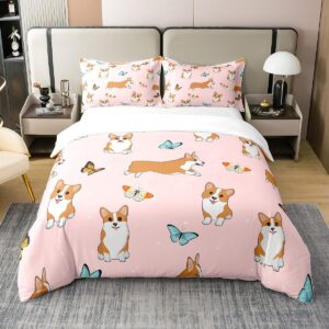 cute corgi 100% cotton duvet cover twin for girls kawaii dog bedding set, cartoon puppy pugs comforter cover with zipper closure pet themed bed sets, animal bedding for boys kids teens bedroom