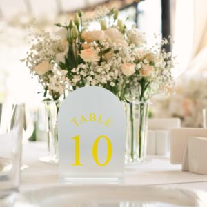 Exclusive Housewares, Frosted Arch Wedding Table Numbers with Stands 1-20, Frosted Gold Font 5x7 Acrylic Signs and Holders, Perfect for Wedding Reception, Anniversary, Party, Decoration, Event