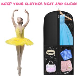 Suttmin 6 Pcs 24'' x 50'' Clear PVC Garment Bag Dance Costume Bags Dance Competition Bag with Rack Zippers Pockets Hanging Garment Covers Costume Organizer Costume Carrier for Adults Kids (Black)