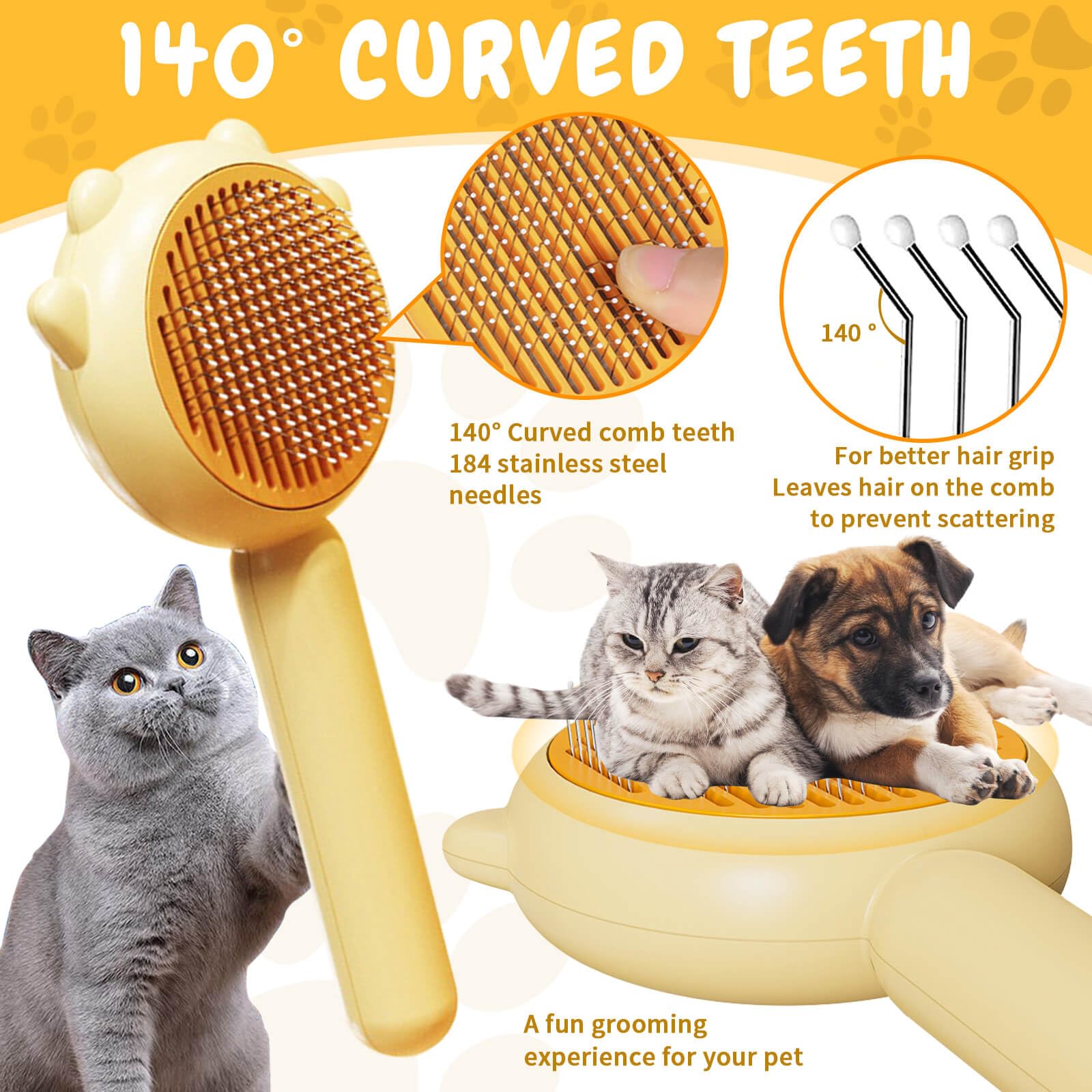 Self-Cleaning Cat Brush with Release Button - Deshedding Brush for Long and Short-Haired Cats, Pet Grooming Tool with Comb and Nail Clippers