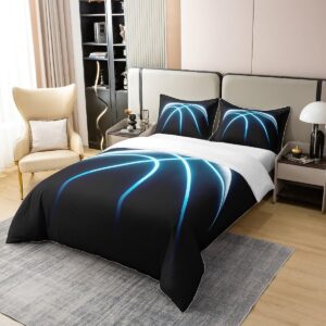 100% Natural Cotton Basketball Comforter Cover for Boy Young Man Sports Game Theme Duvet Cover Full Size Blue Lines Stripes Neon Lines Bedding Set Basketball Court Player Quilt Cover Black 3Pcs