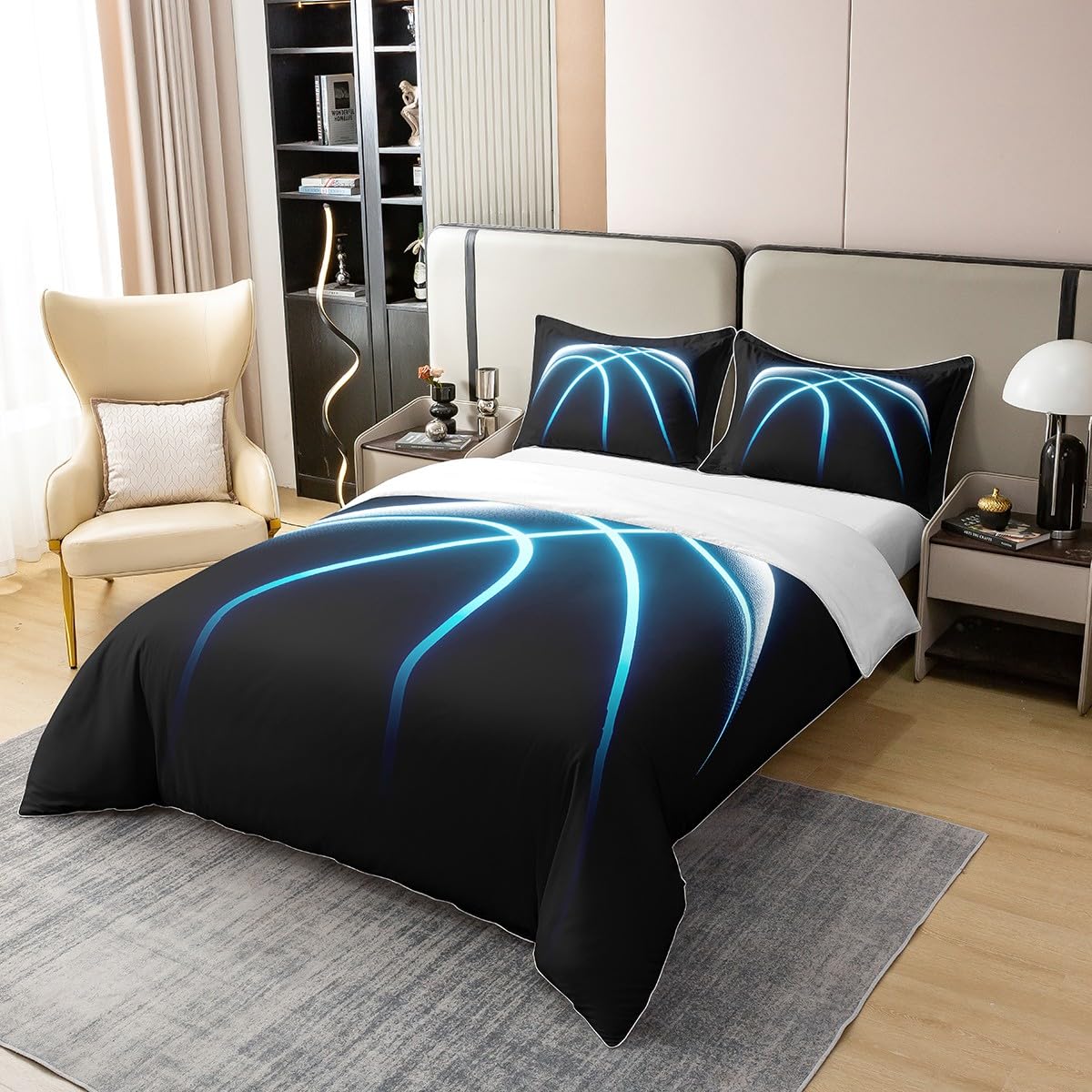 100% Natural Cotton Basketball Comforter Cover for Boy Young Man Sports Game Theme Duvet Cover Full Size Blue Lines Stripes Neon Lines Bedding Set Basketball Court Player Quilt Cover Black 3Pcs