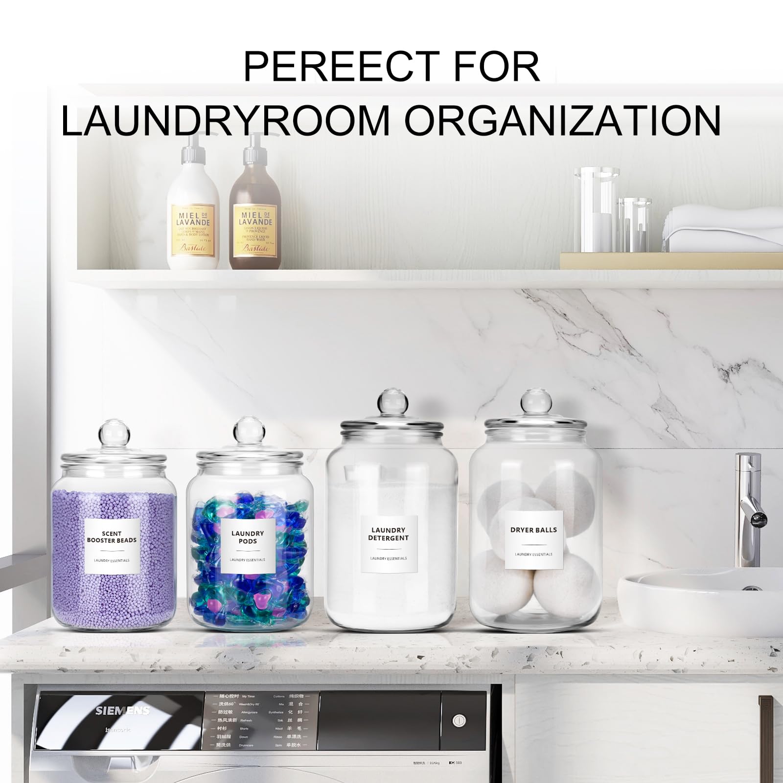 Glass Jars for Laundry Room Organization - 2 Pack, 0.8 Gallon Glass Containers with Lids, Perfect for Dryer Sheets, Laundry Pods, Scent Boosters, and more - Convenient Laundry Room Storage Solution