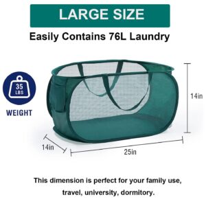 Mesh Pop Up Laundry Hamper, Durable Collapsible Laundry Baskets with Side Pockets, Foldable Clothes Storage Hamper with Reinforced Carry Handles for Dorm, Laundry Room, Kids Room, Green,1 Pack