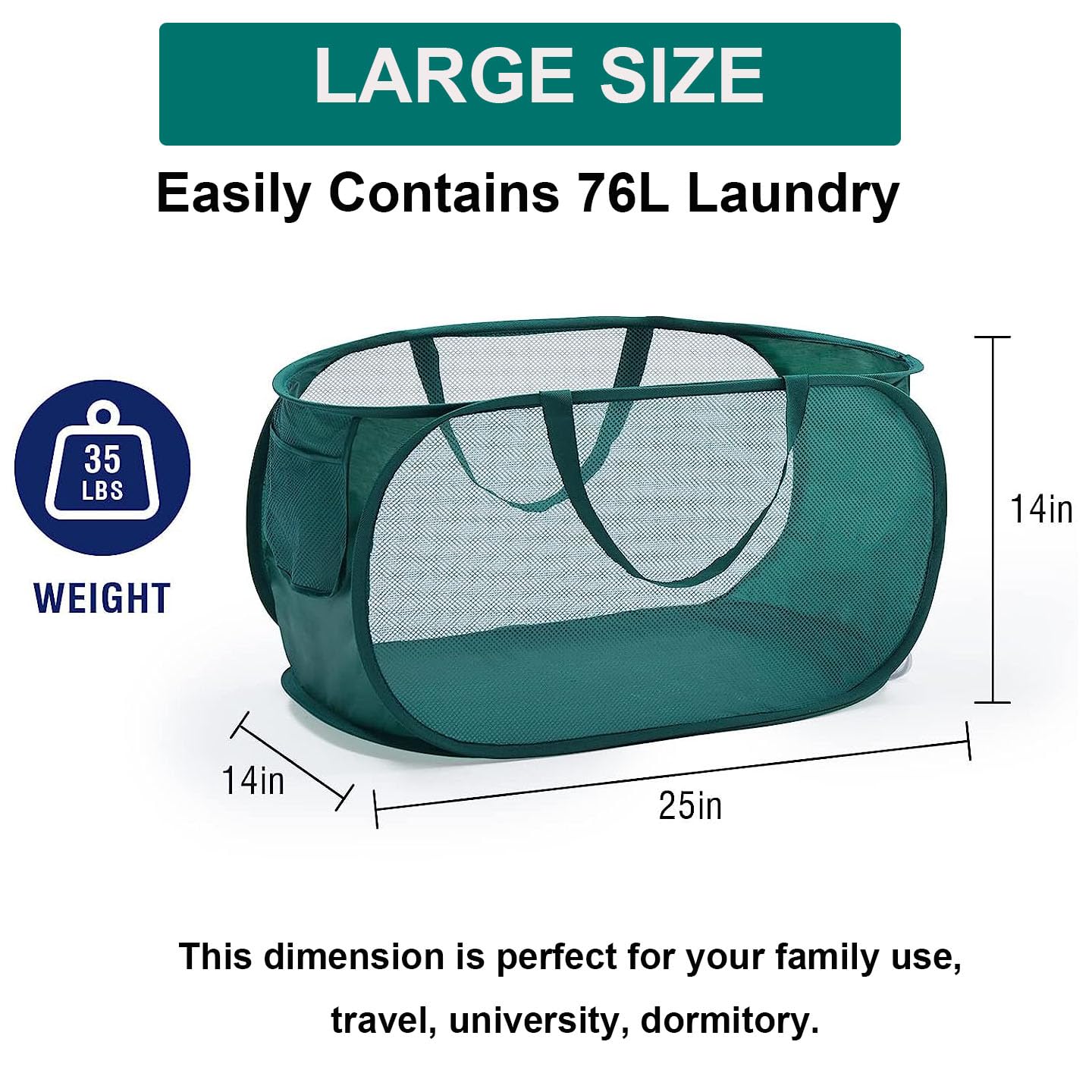 Mesh Pop Up Laundry Hamper, Durable Collapsible Laundry Baskets with Side Pockets, Foldable Clothes Storage Hamper with Reinforced Carry Handles for Dorm, Laundry Room, Kids Room, Green,1 Pack