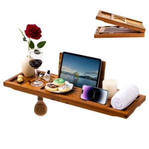 axeman teak bathtub tray - bathtub caddy for luxury bath foldable bath tray bath tub accessories with expandable handles wine glass phone holder book stand for home spa relaxing and reading，natural