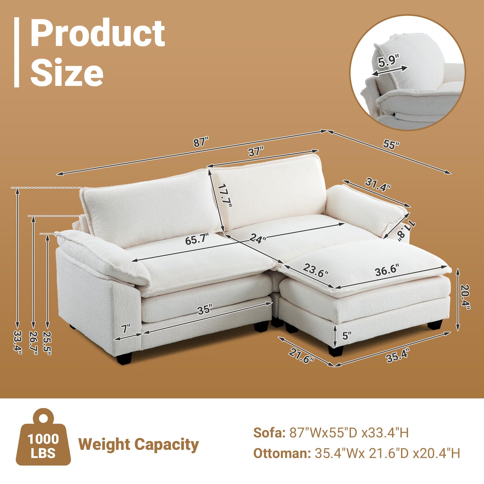 VINGLI 87" Convertible Sectional Sofa,L-Shaped Deep Seat Sofa Couch for Living Room,Modern 2-Seat Loveseat Sofa with Ottoman for Small Space(White,Faux Sherpa, 87")