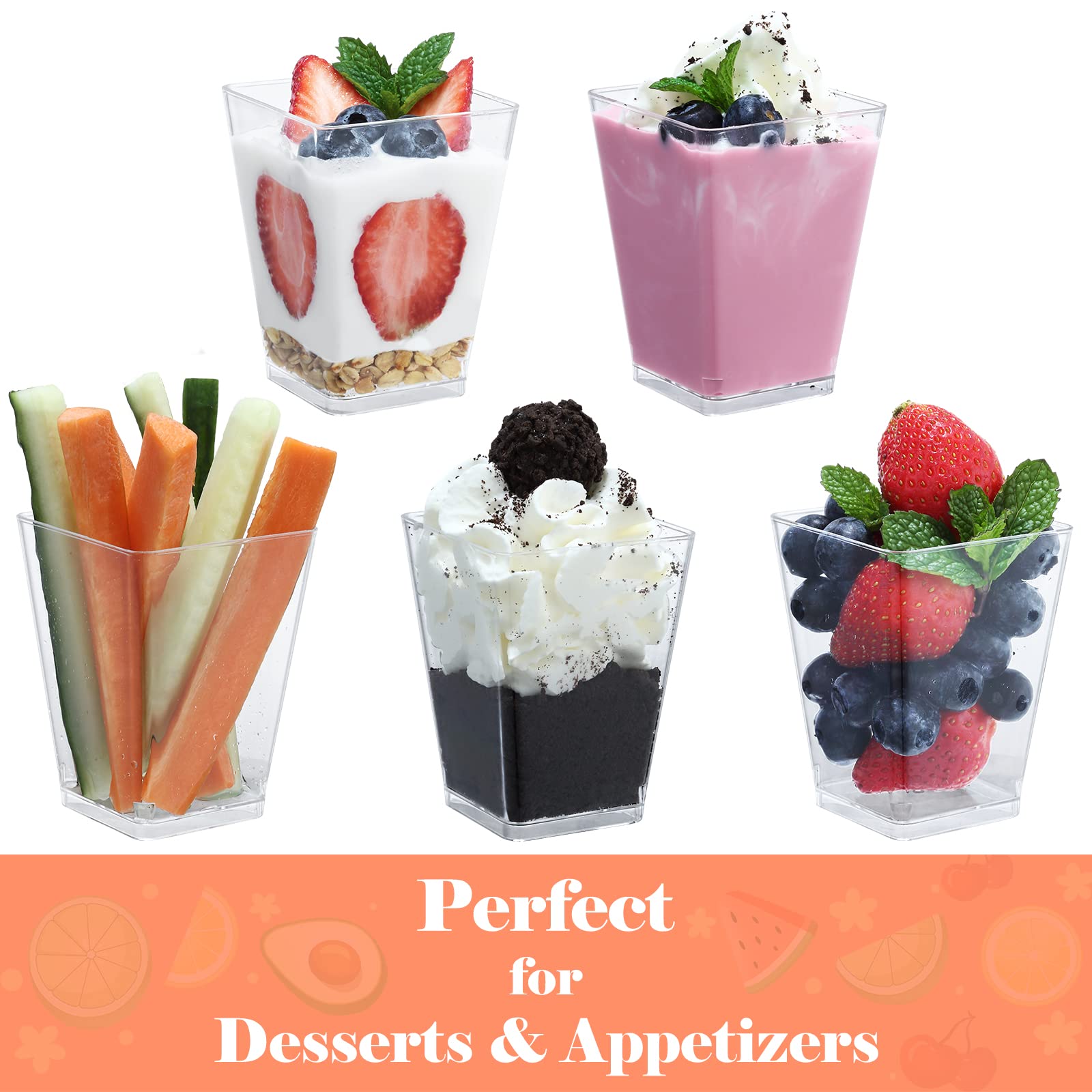 SHOPDAY 5 Oz-Plastic-Dessert-Cups: 30 Pack Square-Clear-Cups-with-Spoons, Parfait-Cups Appetizer-Cups Small-Plastic-Cups Mini Shooter-Cups for Party Yogurt Mousse