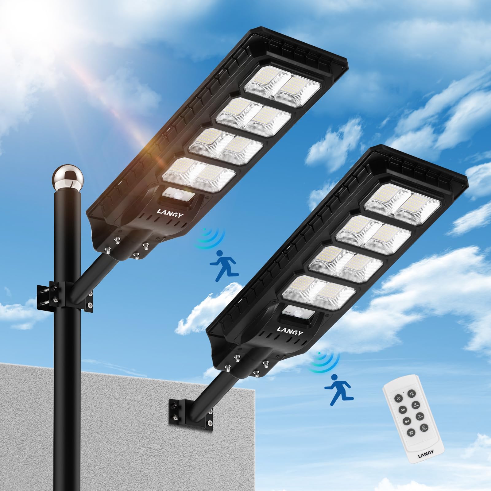 LANGY 2Pack Solar LED Street Lights, Upgrade 200W Solar Street Lights Outdoor Motion Sensor IP67 Waterproof 30000LM with New Controller Solar Flood Security Lights Dusk to Dawn for Parking Lot