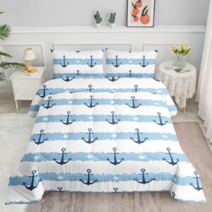 datura home anchor comforter sets for boys girls kids,blue white stripes starfish anchor,duvet 3pcs in quilt sets with 1 comforter and 2 pillowcases all season(blue white queen)