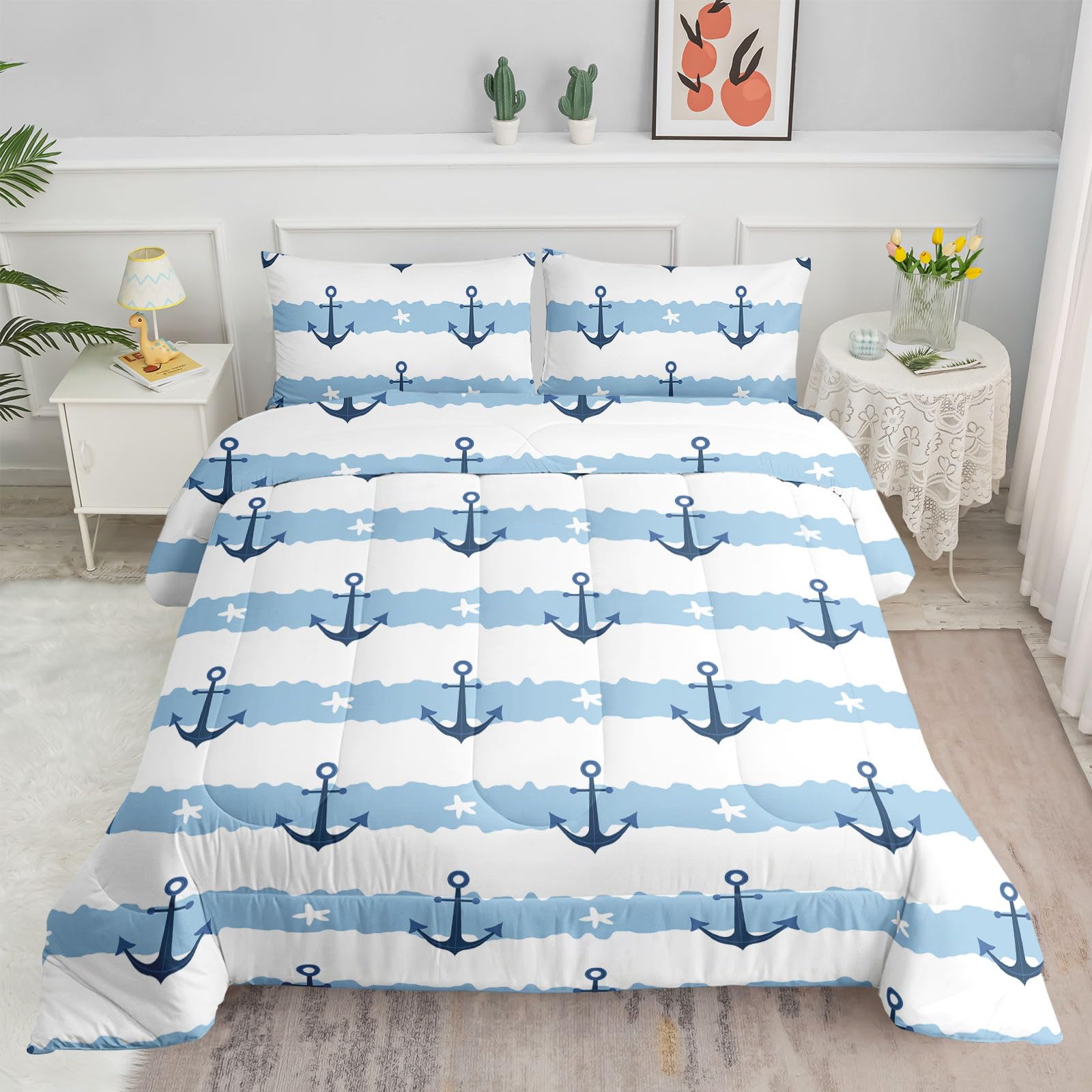 Datura home Anchor Comforter Sets for Boys Girls Kids,Blue White Stripes Starfish Anchor,Duvet 3Pcs in Quilt Sets with 1 Comforter and 2 Pillowcases All Season(Blue White Queen)