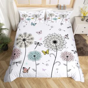 dragonfly butterfly duvet cover set king size,watercolor dandelion plant comforter cover with 2 pillowcases,nature animals bohemian white chic bedding set for adult couple room decor, 3pcs