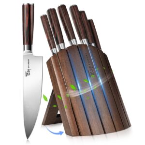 syokami knife set 7 piece japanese style kitchen knife set with foldable magnetic acacia wood block sharp high carbon stainless steel knives set for kitchen with anti-slip ergonomic handle