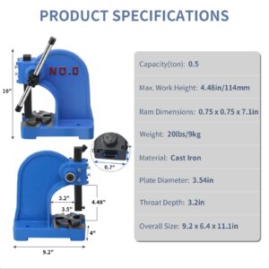 Arbor Press 0.5 Ton,Manual Desktop Punch Press Machine,4.48" Work Height,Manual Arbor Press Cast Iron Body,for Stamping