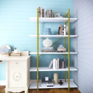 Azheruol 5 Tiers Bookshelf Organizer White Faux Marble Shelf,Modern Open Display Storage Bookcase, and Metal Bookshelf Standing Storage Shelf Tall Shelving Units for Home Office Study