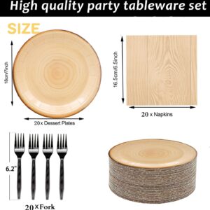 60Pcs Wood Grain Party Supplies Rustic Wood Grain Set 7"Wood Paper Plates and Wood Slice Napkin Fork for CampFire Camping Party Woodland Animal Baby Shower Lumberjack Birthday Party Decoration Serve20