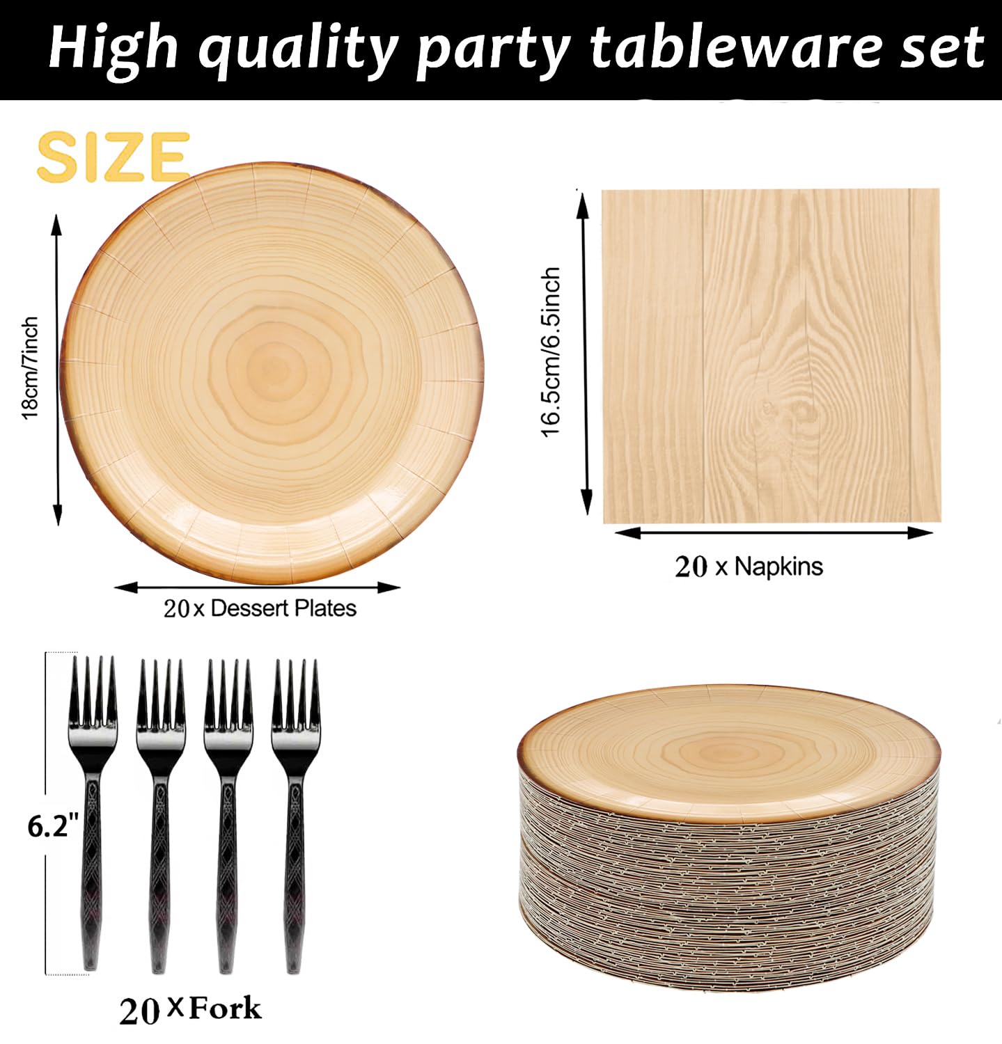 60Pcs Wood Grain Party Supplies Rustic Wood Grain Set 7"Wood Paper Plates and Wood Slice Napkin Fork for CampFire Camping Party Woodland Animal Baby Shower Lumberjack Birthday Party Decoration Serve20