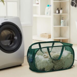 Mesh Pop Up Laundry Hamper, Durable Collapsible Laundry Baskets with Side Pockets, Foldable Clothes Storage Hamper with Reinforced Carry Handles for Dorm, Laundry Room, Kids Room, Green,1 Pack