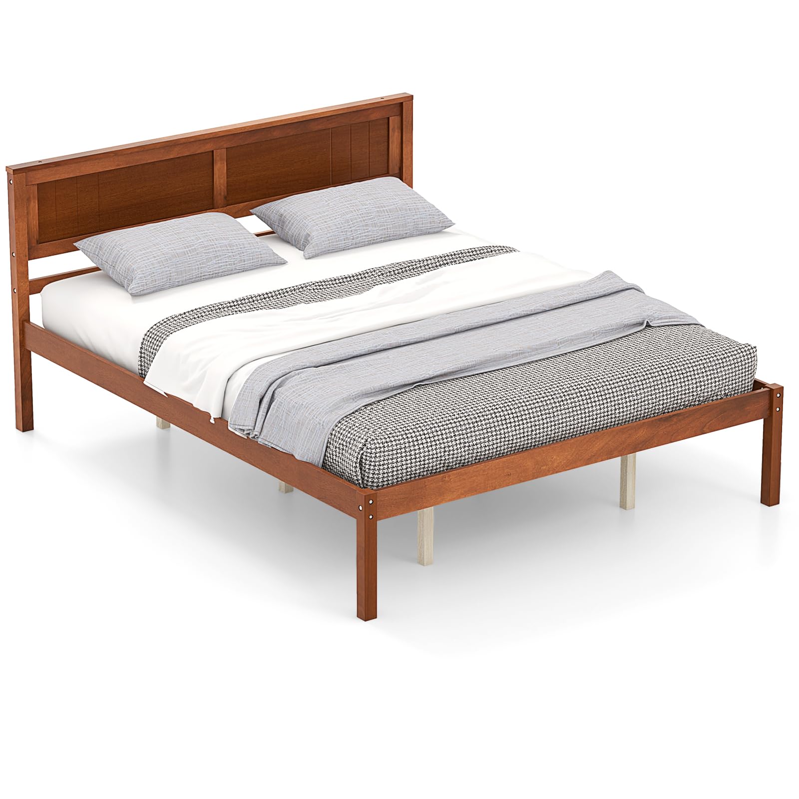 KOMFOTT Queen Size Wood Platform Bed Frame with Headboard, Solid Wood Bed Frame with Slat Support, 10-Leg Support, Under Bed Storage, 16” Mattress Foundation Bedroom Furniture, No Box Spring Needed