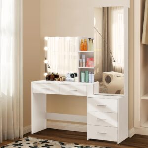 usikey Vanity Desk with Full-Length Mirror and Lights, Makeup Vanity Table with Jewelry Cabinet, 2 Drawers & 2 Shelves,Vanity Desk, Vanity Table for Girls Women, Bedroom, White