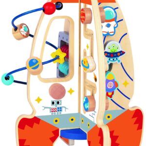 D DAKIN Rocket Toddler Wooden Activity Center Activity Cube Stand for 1 Year Old Boy Toys, Sensory and Educational Great First Birthday Gifts for Boys