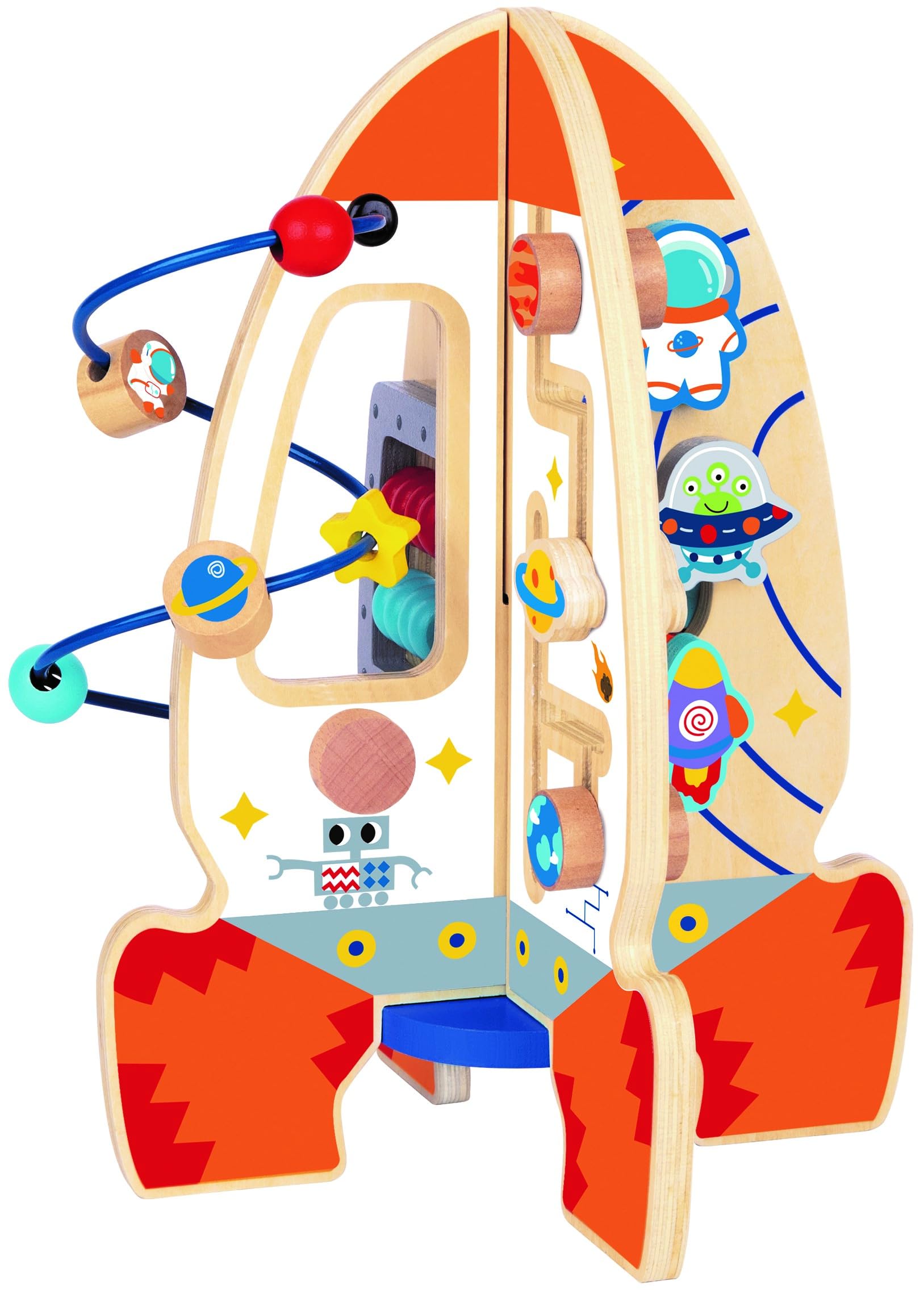 D DAKIN Rocket Toddler Wooden Activity Center Activity Cube Stand for 1 Year Old Boy Toys, Sensory and Educational Great First Birthday Gifts for Boys