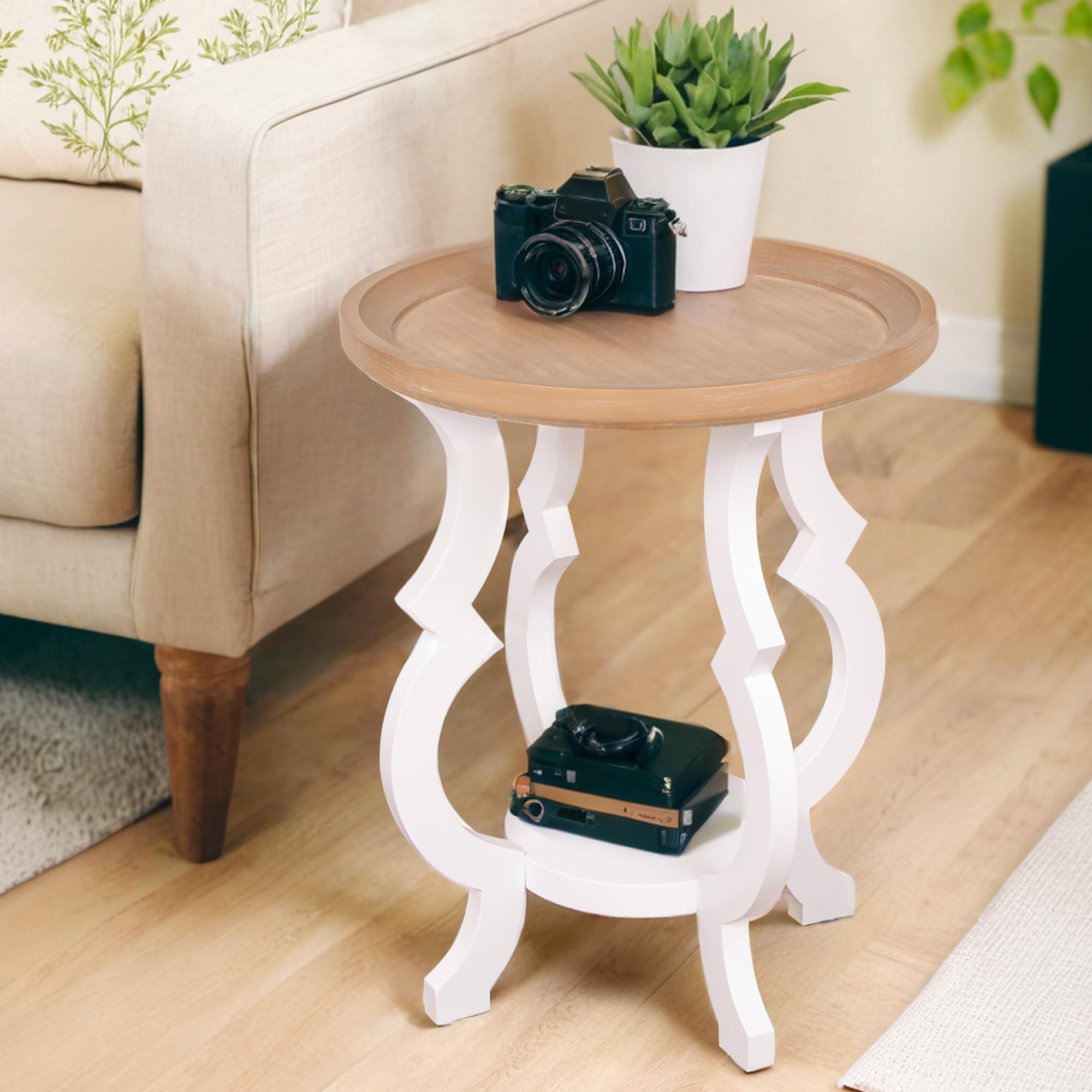 COVLON Farmhouse End Table, Wooden Round Side Table, 2 Tiers Accent Table for Family, Living Room or Small Spaces, Concave Legs, White and Brown