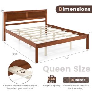 KOMFOTT Queen Size Wood Platform Bed Frame with Headboard, Solid Wood Bed Frame with Slat Support, 10-Leg Support, Under Bed Storage, 16” Mattress Foundation Bedroom Furniture, No Box Spring Needed