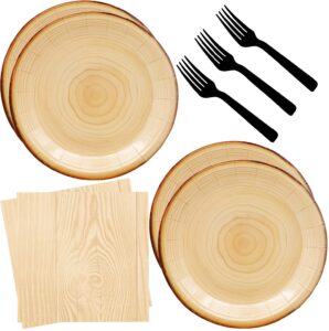 60pcs wood grain party supplies rustic wood grain set 7"wood paper plates and wood slice napkin fork for campfire camping party woodland animal baby shower lumberjack birthday party decoration serve20