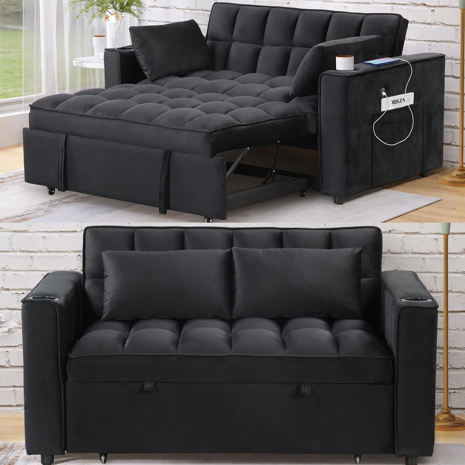 Merax 55.3" Loveseat with Pull Out Bed, Convertible Velvet Sleeper Sofa Bed with Cup Holder & USB Port, 2 Pillows, and Adjustable Backrest for Living Room or Apartments, Black