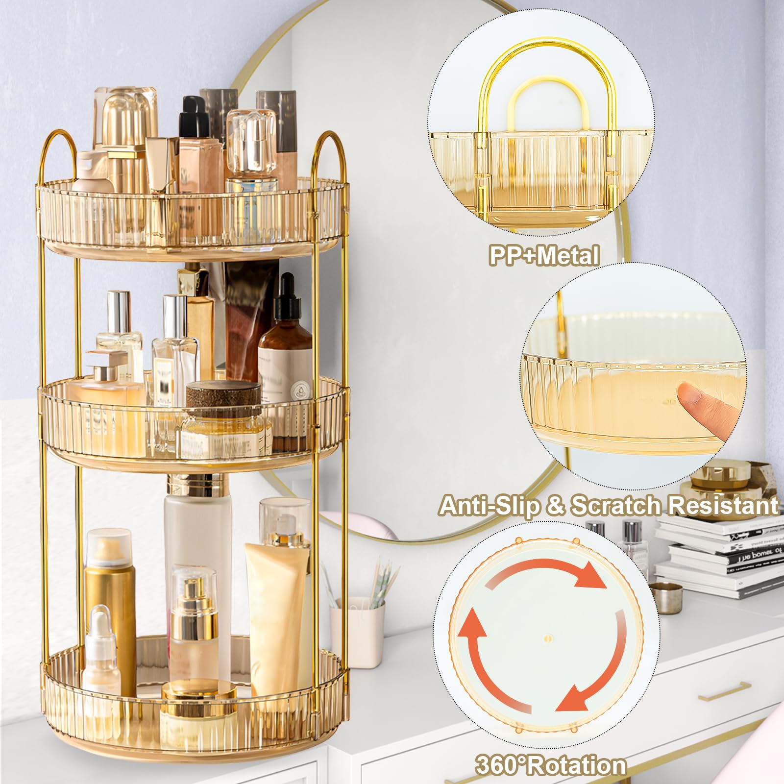 Dexspoeny 360° Rotating Makeup Organizer,Bathroom Make Up Spinning Holder Rack,Large Capacity Cosmetics Storage Vanity Shelf Countertop,Make Up Organizers and Rotary Storage (3 Tiers,Gold)