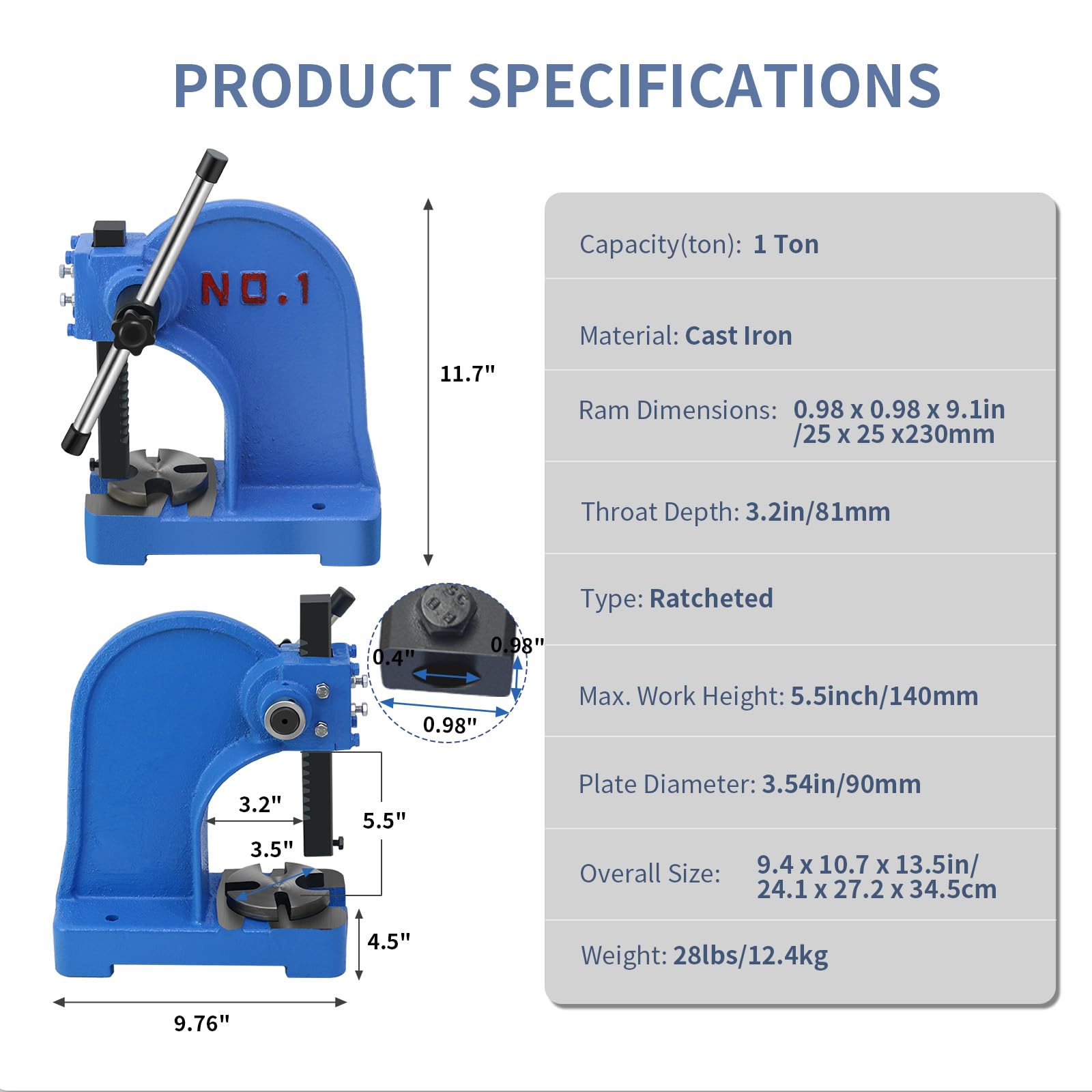 HAowosi Arbor Press 1 Ton,Ratchet Leverage Arbor Press with Handwheel,5.5" Maximum Height Manual Desktop Punch Press Machine Metal Arbor Press Tool,for Stamping