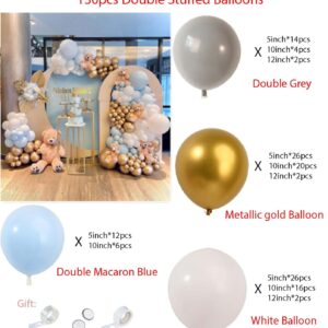 130pcs Dusty Blue Balloons Garland Kit, Fog Blue Royal Blue Pastel Blue Sand White Metallic Gold latex Balloons for Boy Baby Shower Bridal Shower Wedding Anniversary Birthday Party