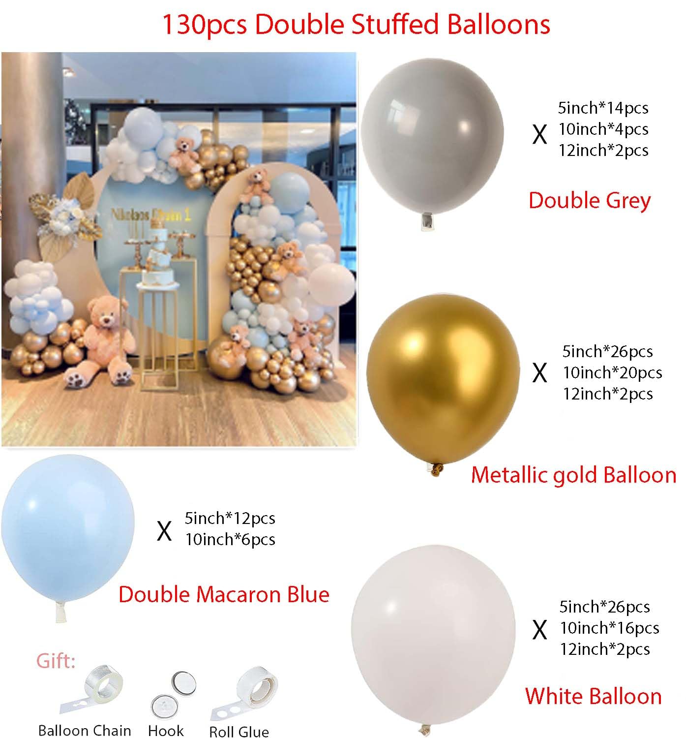 130pcs Dusty Blue Balloons Garland Kit, Fog Blue Royal Blue Pastel Blue Sand White Metallic Gold latex Balloons for Boy Baby Shower Bridal Shower Wedding Anniversary Birthday Party