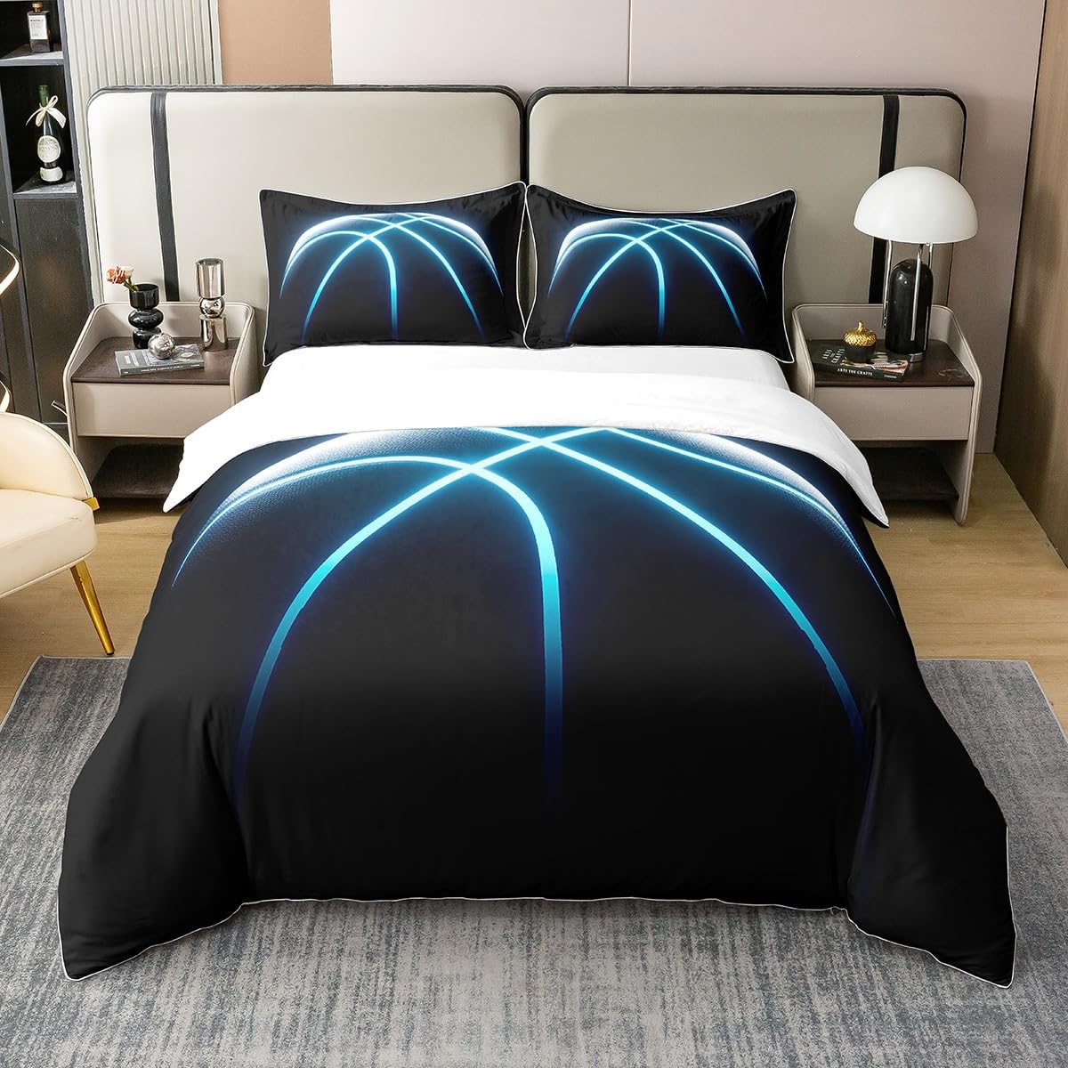 100% Natural Cotton Basketball Comforter Cover for Boy Young Man Sports Game Theme Duvet Cover Full Size Blue Lines Stripes Neon Lines Bedding Set Basketball Court Player Quilt Cover Black 3Pcs