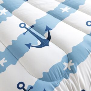 Datura home Anchor Comforter Sets for Boys Girls Kids,Blue White Stripes Starfish Anchor,Duvet 3Pcs in Quilt Sets with 1 Comforter and 2 Pillowcases All Season(Blue White Queen)