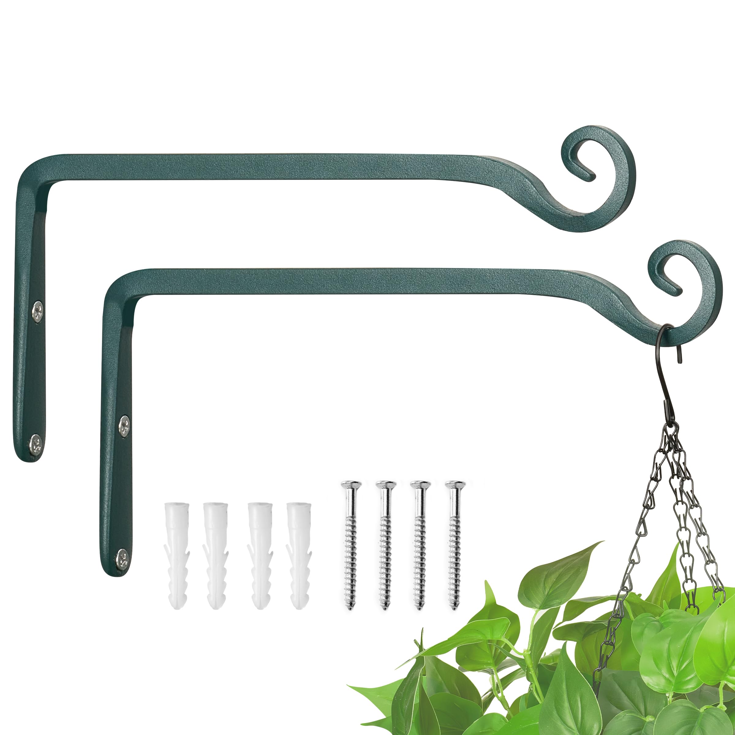 Kingsyard 2-Pack Wall Plant Hanger Outdoor - Heavy Duty Metal Hanging Bracket Hooks for Hanging Plant Bird Feeders Lanterns Wind Chimes Outdoor & Indoor, 10-Inch/Green