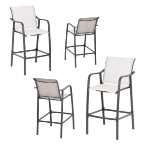 VredHom Outdoor Metal Bar Stools, Patio Bar Stools Set of 4 Counter Height Chairs Steel Bar Chairs Lightweight Patio Furniture with Textilene, Armrest and Footrest, Light Grey