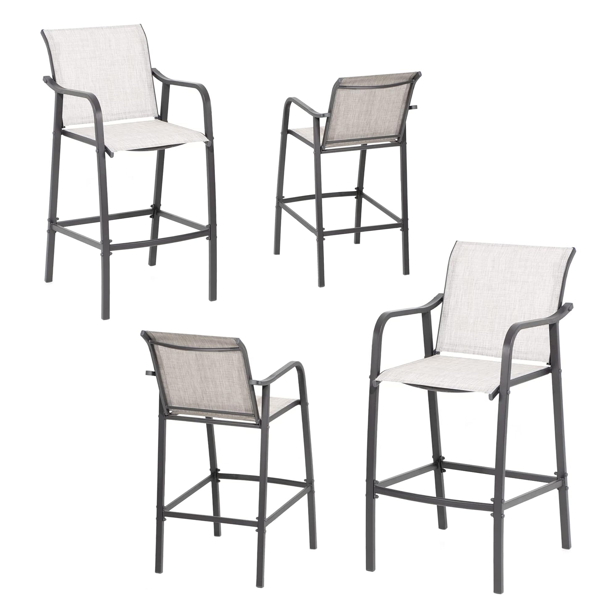 VredHom Outdoor Metal Bar Stools, Patio Bar Stools Set of 4 Counter Height Chairs Steel Bar Chairs Lightweight Patio Furniture with Textilene, Armrest and Footrest, Light Grey