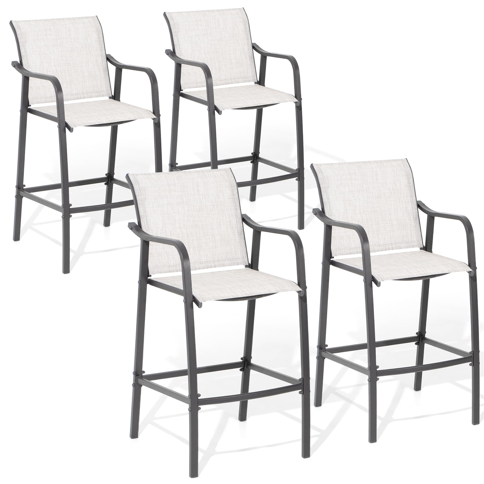 VredHom Outdoor Metal Bar Stools, Patio Bar Stools Set of 4 Counter Height Chairs Steel Bar Chairs Lightweight Patio Furniture with Textilene, Armrest and Footrest, Light Grey