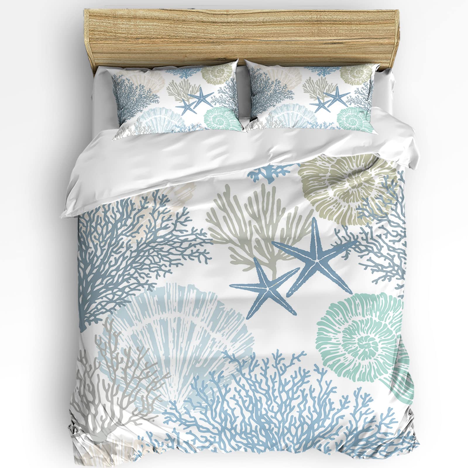 Duvet Cover Set California King Size Nautical Coastal Ocean Coral Comforter Sets 3 Pieces, Beach Themed Blue Teal Bedding Set with Zipper Closure and 2 Pillow Cases, Soft Bed Covers Bedroom Decor