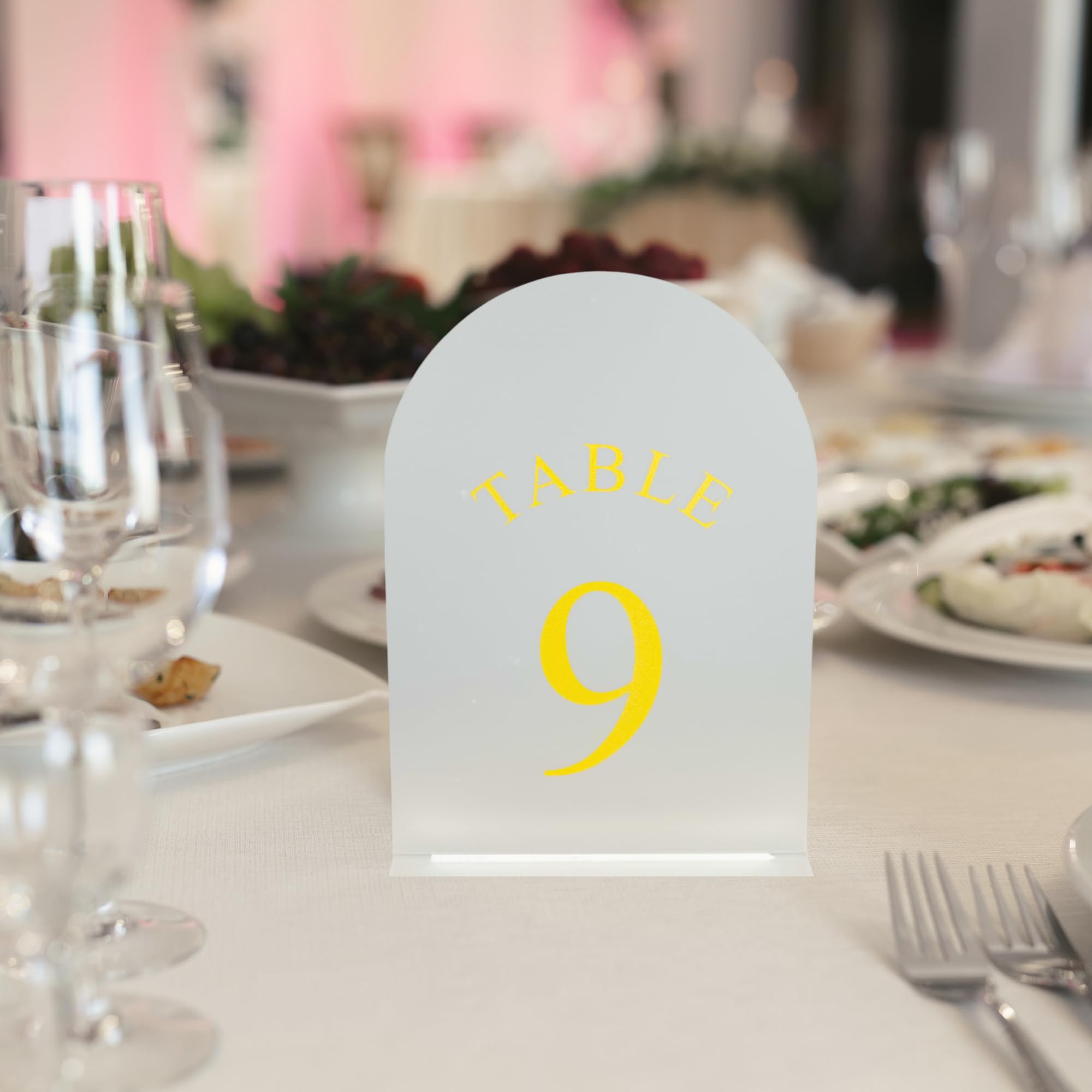 Exclusive Housewares, Frosted Arch Wedding Table Numbers with Stands 1-20, Frosted Gold Font 5x7 Acrylic Signs and Holders, Perfect for Wedding Reception, Anniversary, Party, Decoration, Event