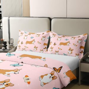 Cute Corgi 100% Cotton Duvet Cover Twin for Girls Kawaii Dog Bedding Set, Cartoon Puppy Pugs Comforter Cover with Zipper Closure Pet Themed Bed Sets, Animal Bedding for Boys Kids Teens Bedroom